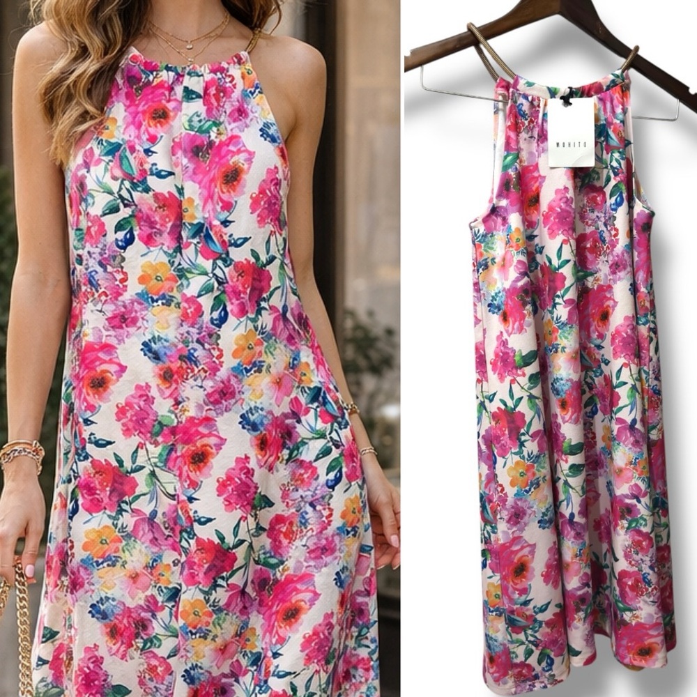 Mohito | NWT Watercolor Pink Multicolor Floral Halter Midi Dress (size S)